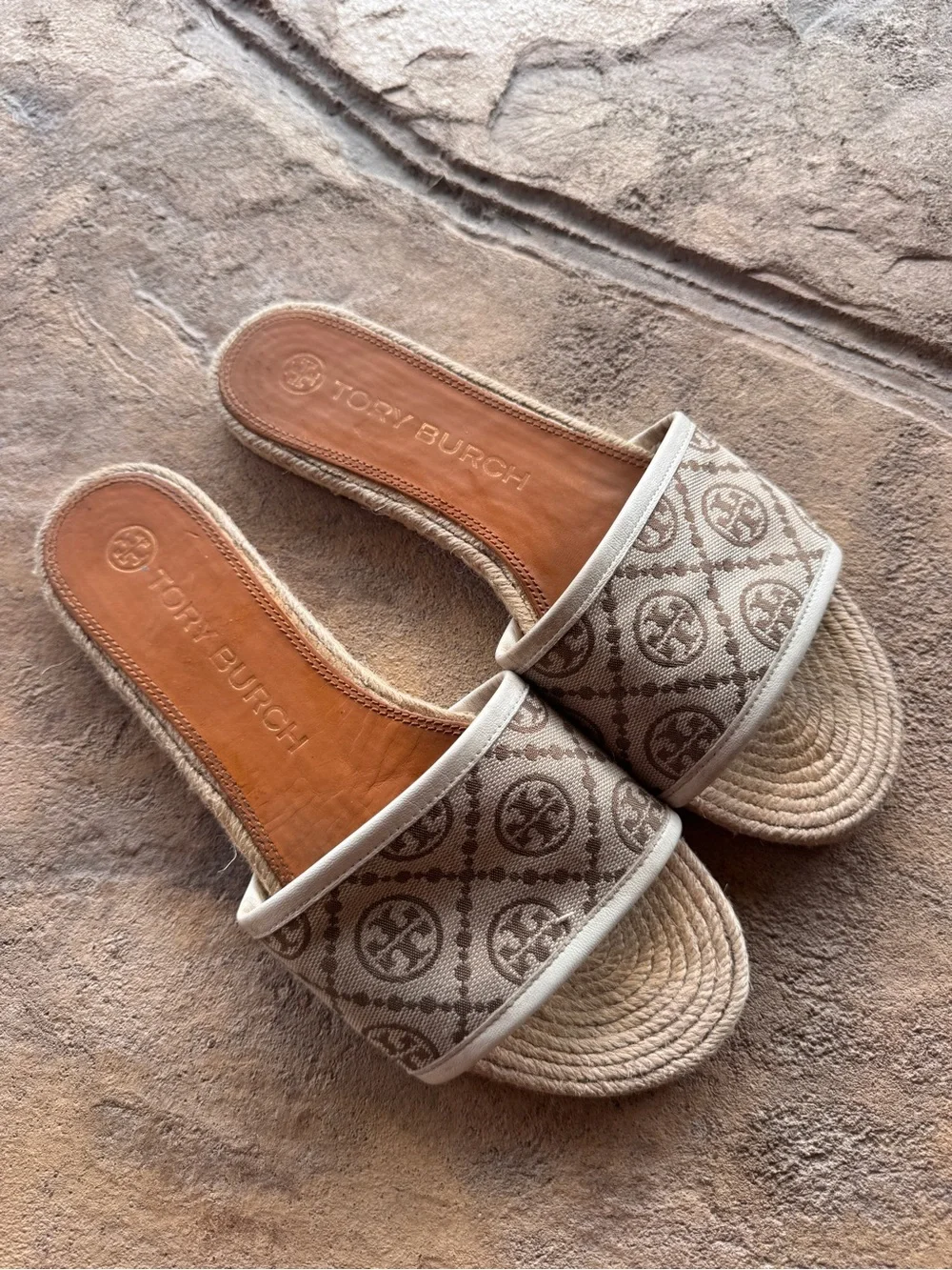 Tory Burch T Monogram Jacquard Espadrille Slide Sandals Beige Size 9M